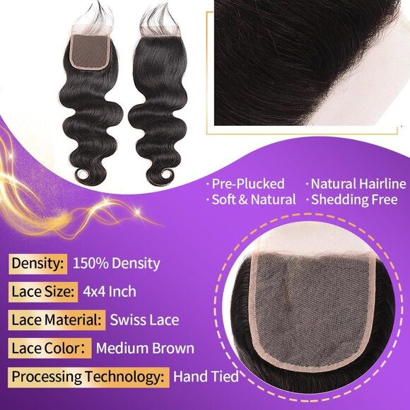 Body Wave Human Hair Bundles with Closure 22 24 26 + 20 Inches Virgin Remy - Picture 5 of 7